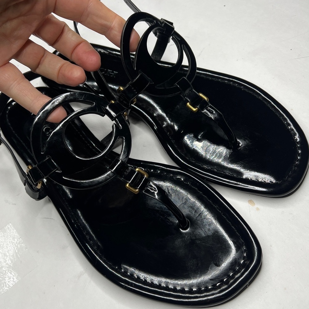 Coach Jeri 8.5 Black Patent Leather Thong Flat Sandals Adjustable Strap - Picture 5 of 11